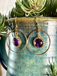 Amethyst Drop Hoop Earrings