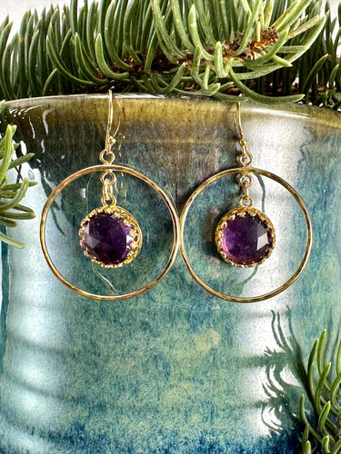 Amethyst Drop Hoop Earrings